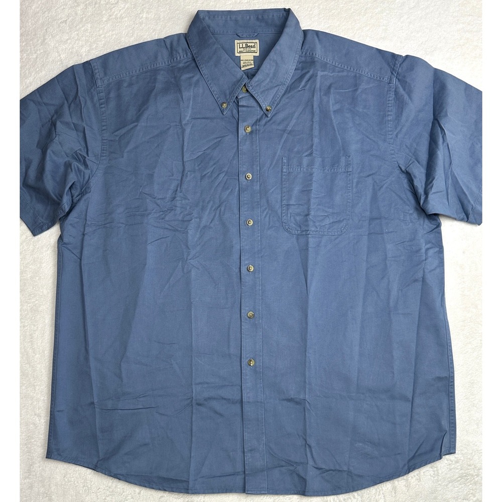 Y2K LL Bean Mens XXL Blue Pima Cotton Short Sleeve Button Down Shirt 0GUY4